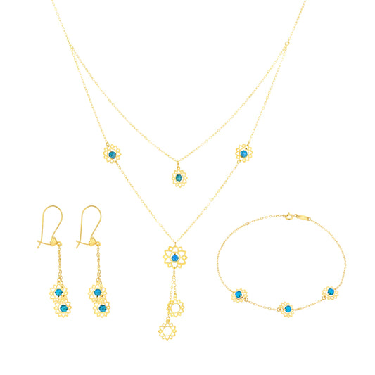 18K Pure Gold Blue Stone Flower Jewelry Set