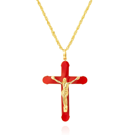 18K Pure Gold Red Jesus Cross Necklace