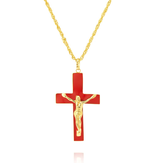 18K Pure Gold Red Jesus Cross Necklace