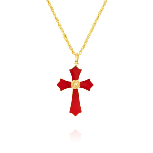 18K Pure Gold Red Cross Necklace