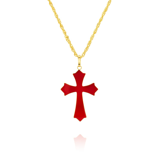 18K Pure Gold Red Cross Necklace