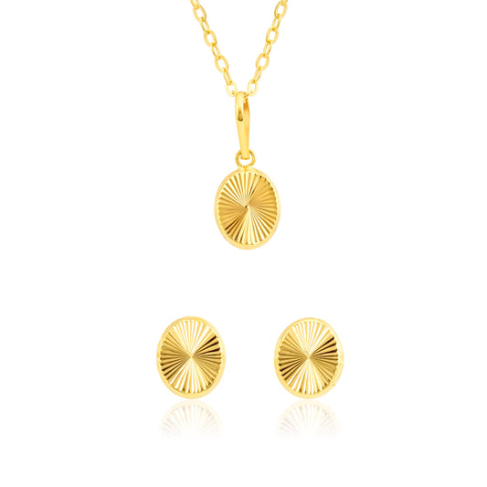 18K Pure Gold Fine Lined Oval Jewelry Set