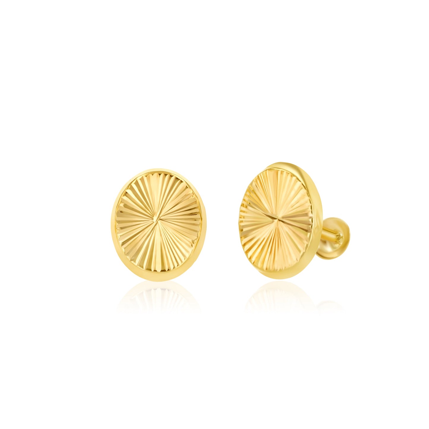 18K Pure Gold Oval Round Screw Earring Set