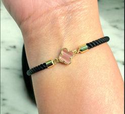 18K Pure Gold V.C Pink Flower Black Thread Bracelet