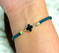 18K Pure Gold V.C Black Flower Dark Green Thread Bracelet