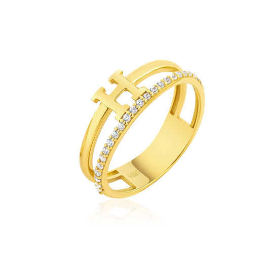 18K Pure Gold Elegant H Stone Ring