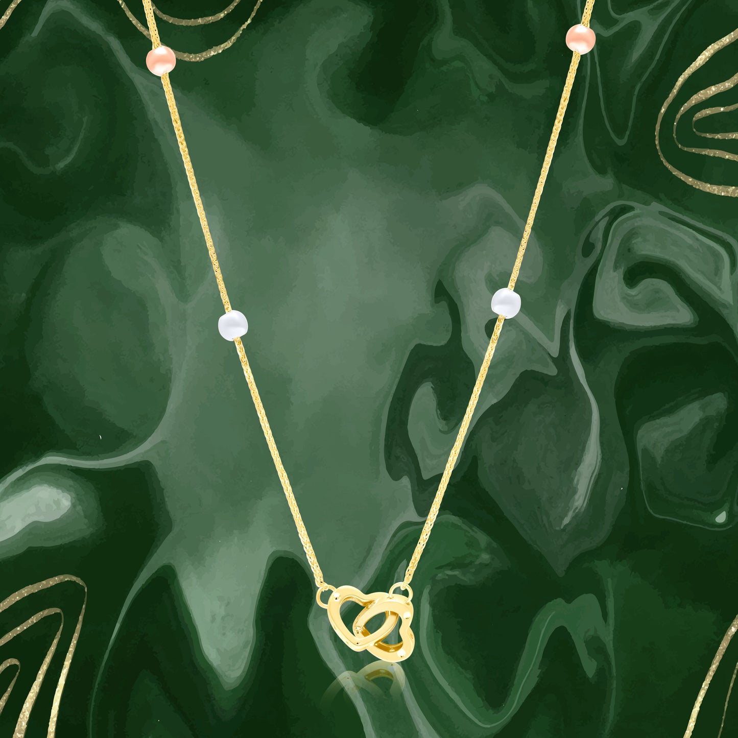 18K Pure Gold 2 Heart Locked Multicolor Seed Necklace