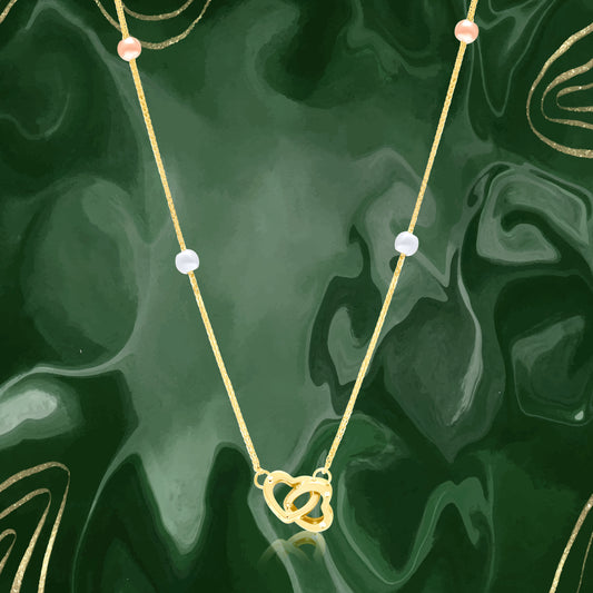 18K Pure Gold 2 Heart Locked Multicolor Seed Necklace