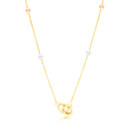 18K Pure Gold 2 Heart Locked Multicolor Seed Necklace