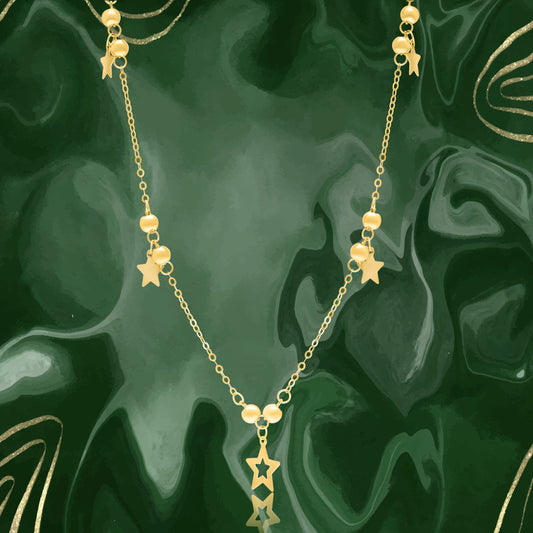 18K Pure Gold Hanging Star Heart Seed Necklace