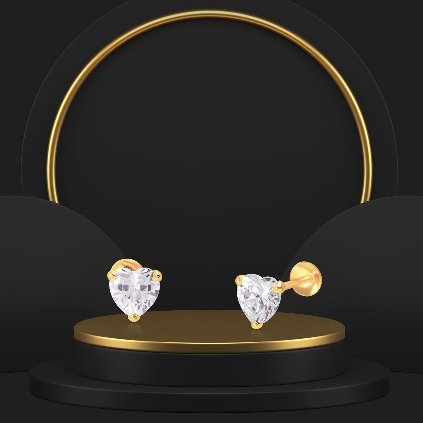 18K Pure Gold Heart Stone Screw Earring Set
