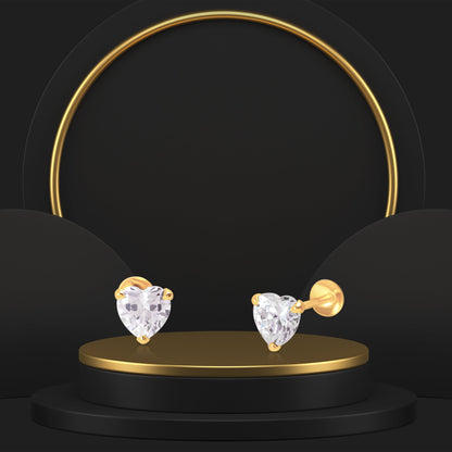 18K Pure Gold Heart Stone Screw Earring Set