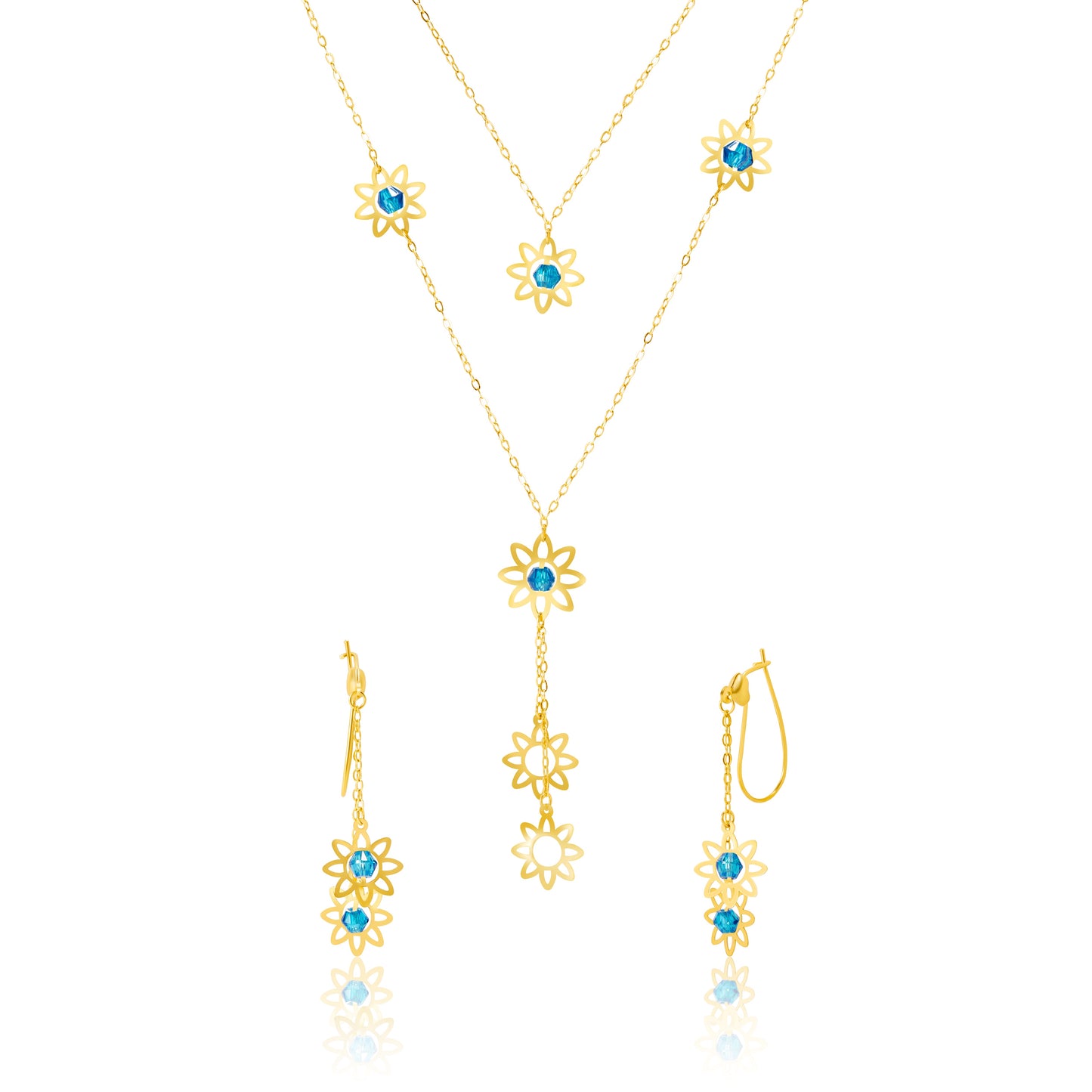 18K Pure Gold Blue Stone Flower Jewelry Set