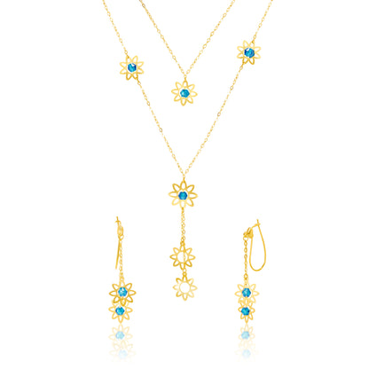 18K Pure Gold Blue Stone Flower Jewelry Set