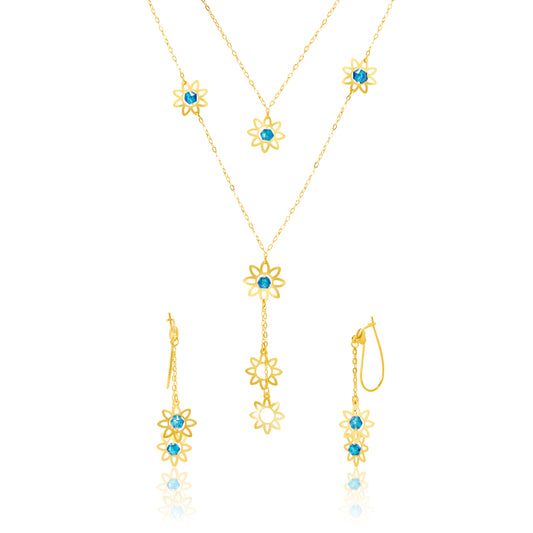 18K Pure Gold Blue Stone Flower Jewelry Set