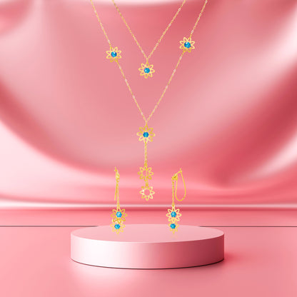 18K Pure Gold Blue Stone Flower Jewelry Set