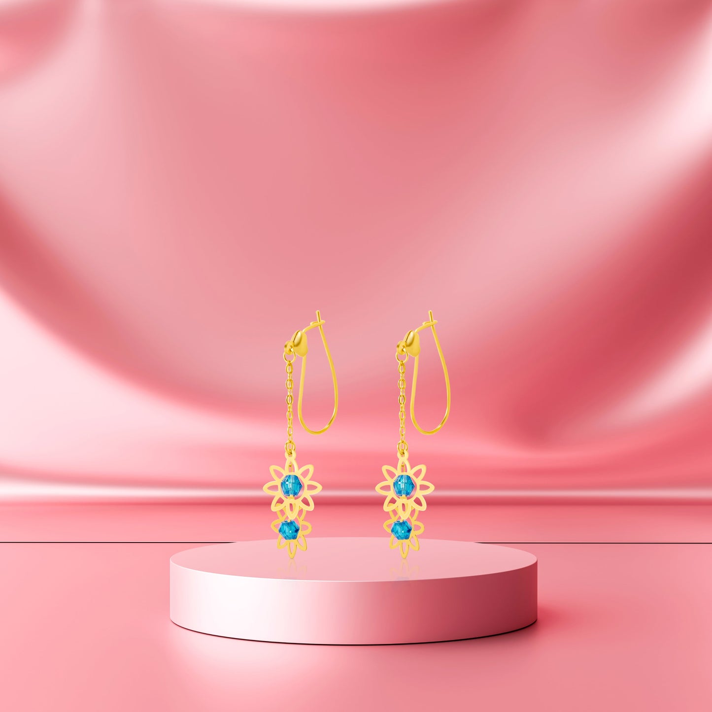 18K Pure Gold Blue Stone Flower Jewelry Set