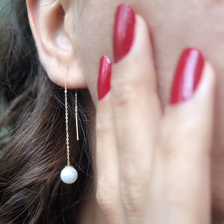 18K Pure Gold Dangling w/ Pearl Design Earrings | Earring | 18K Gold Jewelry