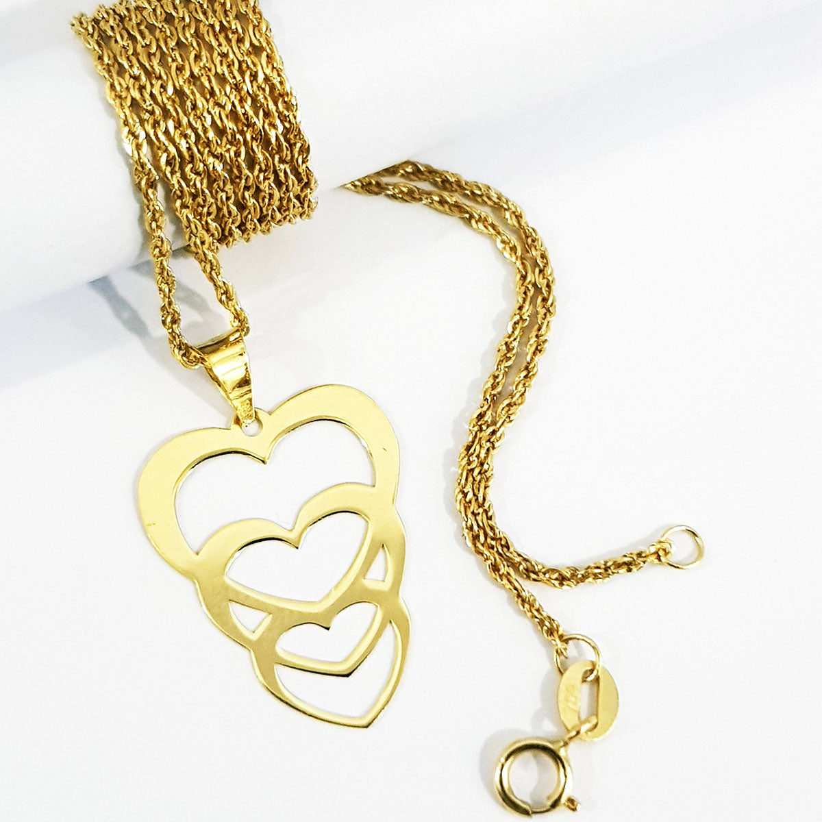 18K Pure Gold Triple Heart Design Necklace
