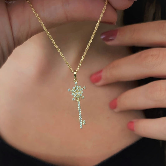 18K Pure Gold Key Design w/ Zircon Stone Necklace | Necklace | 18K Gold Jewelry