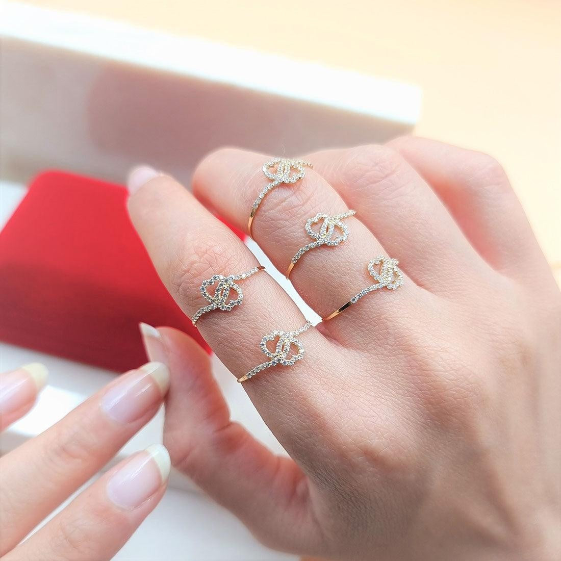 18K Pure Gold Double Heart Design w/ Zircon Stone Ring | Ring | 18K Gold Jewelry