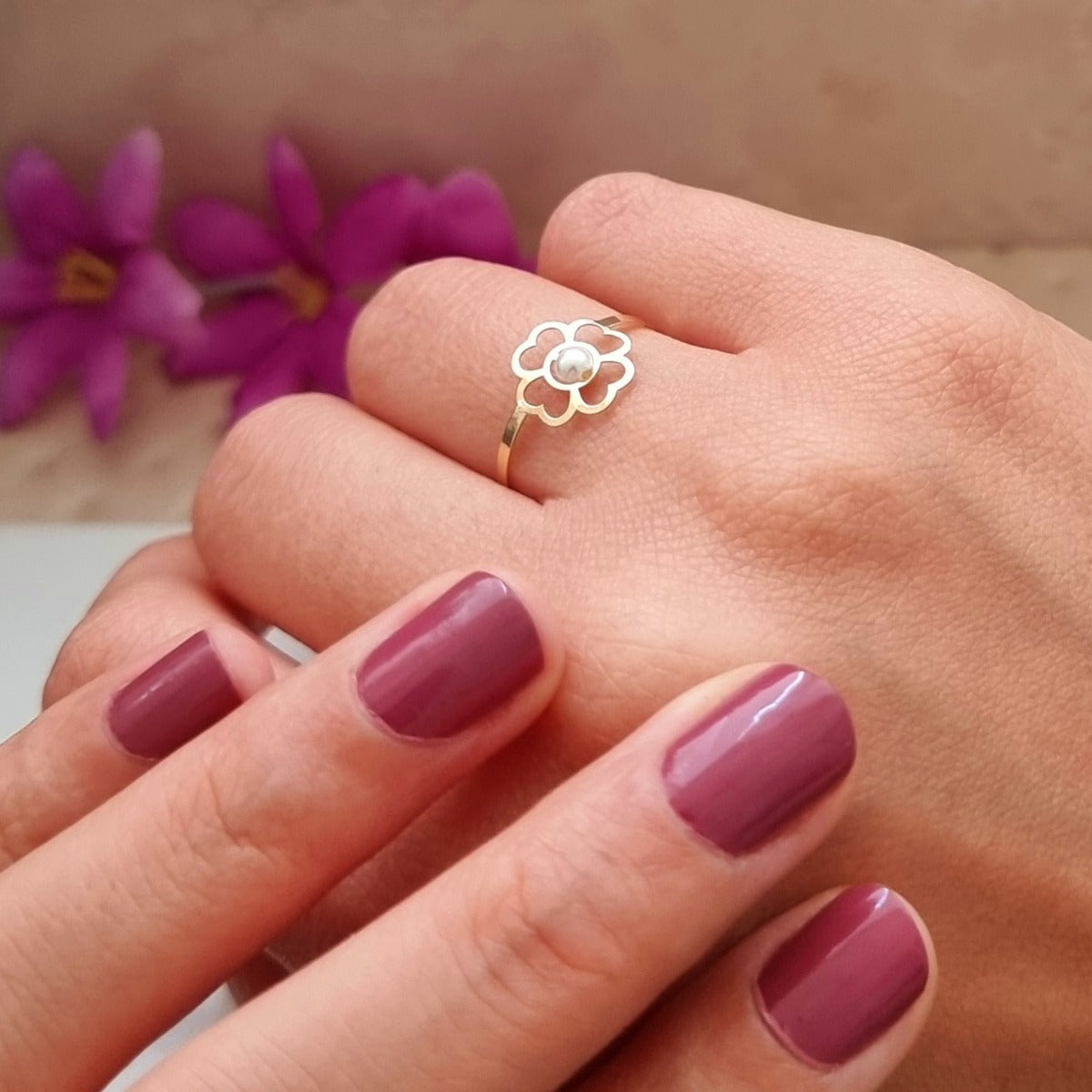 18K Pure Gold Elegant Flower w/ Zircon Stone Design Ring | Ring | 18K Gold Jewelry