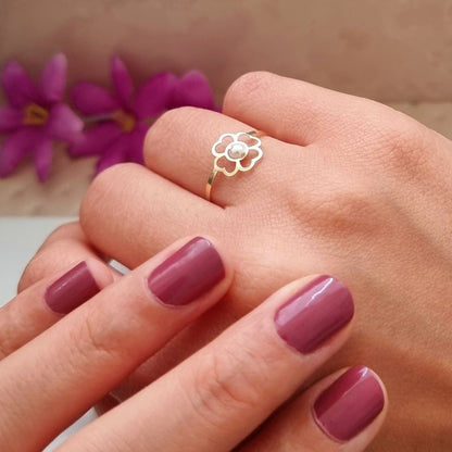 18K Pure Gold Elegant Flower w/ Zircon Stone Design Ring | Ring | 18K Gold Jewelry