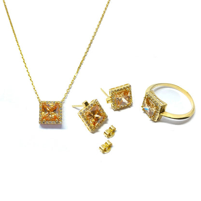 18K Pure Gold Swarovski Crystals Jewellery Set - Necklace, Ring and Earring | Jewelry Set | 18K Gold Jewelry