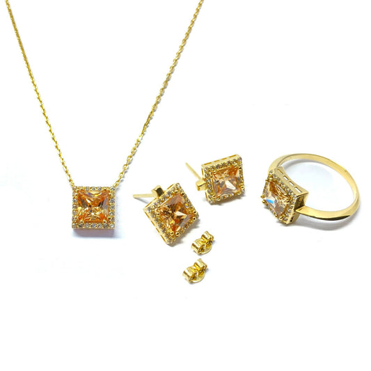 18K Pure Gold Swarovski Crystals Jewellery Set - Necklace, Ring and Earring | Jewelry Set | 18K Gold Jewelry