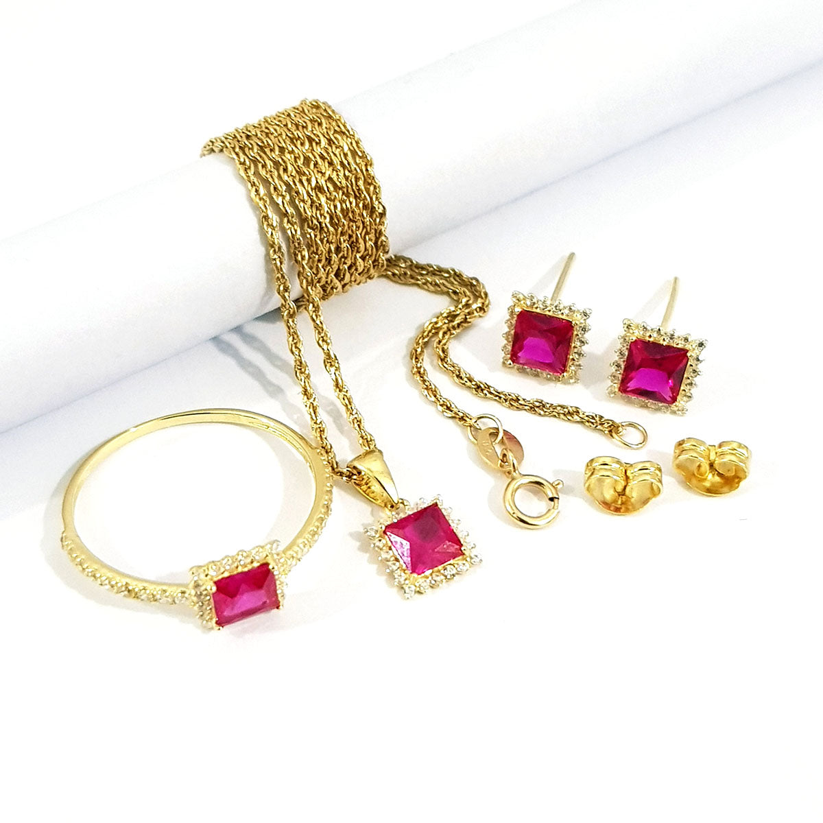 18K Pure Gold Stone Jewelry Set