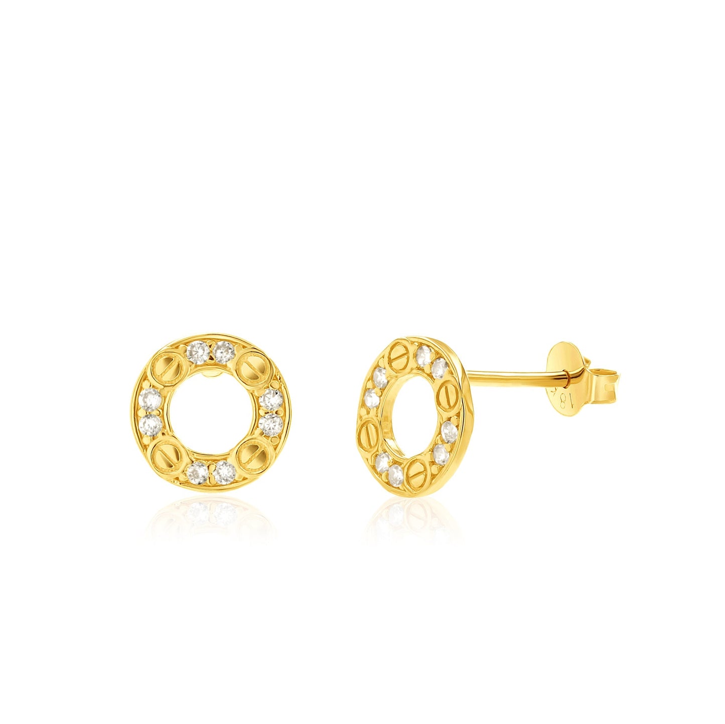 18K Pure Gold Round Stone Stud Earrings